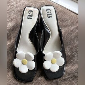 Gianni Bini Black Mules with White Floral Detail